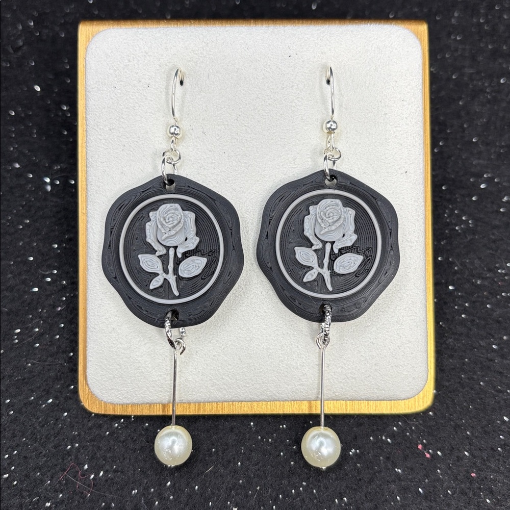 Black & Silver Rose Postage Stamp Earrings with Pearl Drop - Picture 5 of 5